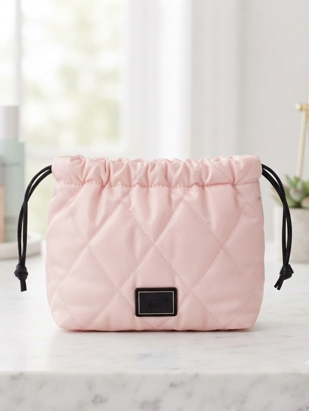 Victoria's Secret Quilted Light Pink Drawstring Makeup Bag